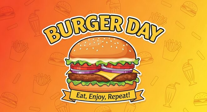 Burger Day Celebration - Delicious Hamburger with Fresh Ingredients and Festive Banner.