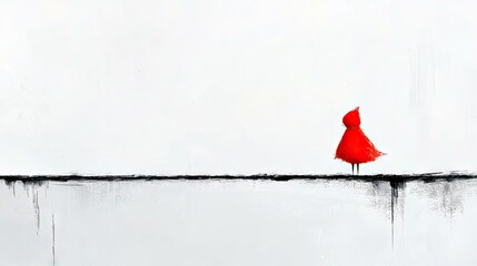 A single, vibrant red bird stands on a thick black line, set against a minimalist white backdrop with a textured appearance.