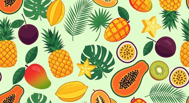Tropical Fruit Pattern with Pineapple, Mango, Papaya, and Passion Fruit.