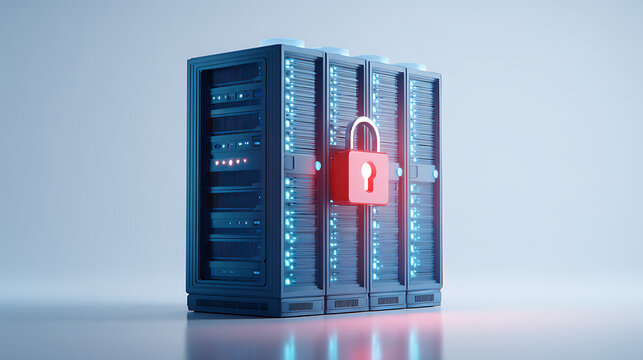 Secure your digital world with powerful server racks safeguarded by a prominent red padlock, ensuring robust data protection and system integrity.