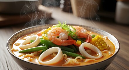 Delicious steaming seafood noodle soup with shrimp and calamari