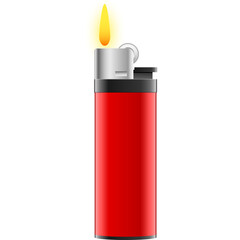 Red Plastic Lighter With Flame Burning Brightly Isolated On White Background With Transparent Background