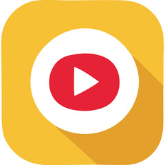 Red Play Button Icon Inside A White Circle Centered On A Yellow Square With Rounded Corners And A Long Shadow