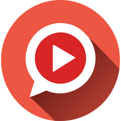Red play button icon inside a white speech bubble with a red circle background and a long dark shadow underneath flat design vector illustration