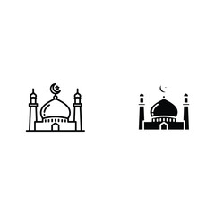 Islamic mosque architecture in outline and solid vector icons.