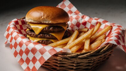 A cheeseburger with fries served in a wicker basket lined with red gingham