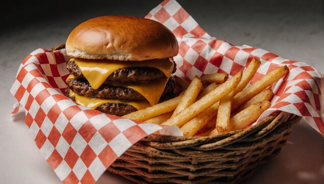 A cheeseburger with fries served in a wicker basket lined with red gingham - Powered by Adobe