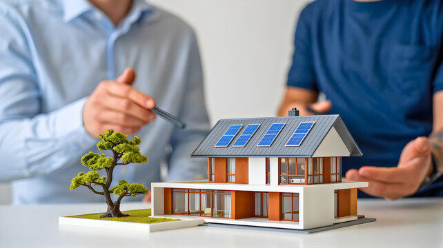 Home Design Discussion Architects Reviewing a Solar-Powered House Model, Sustainable Living