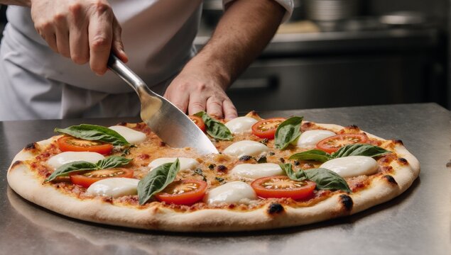 A chef crafts a vibrant artisanal pizza in a busy kitchen