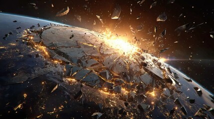 Catastrophic cosmic explosion shatters planet surface with bright light and flying debris in space, capturing immense energy and chaos
