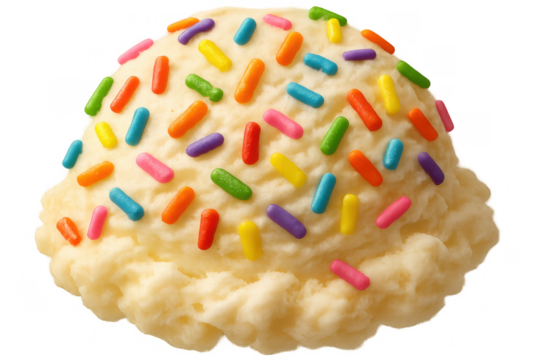 Vanilla ice cream scoop with colorful rainbow sprinkles, a sweet dessert treat for summer fun and celebrations