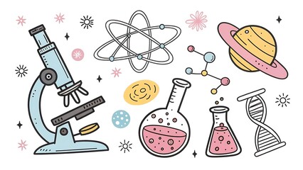 Scientific Discovery and Astronomy Doodle Illustration Set on White Background