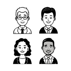 Business casual people diverse black and white 2D vector avatars illustration set. Multiracial adults outline cartoon character faces isolated. Employees flat user profile images collection portraits

