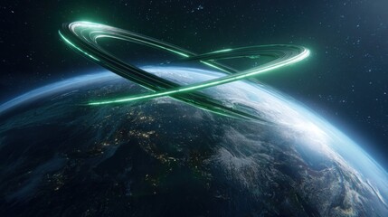 Futuristic Space Scene with Green Rings Orbiting Planet Earth in Cosmic Environment with Stars and Lights
