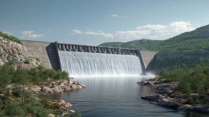 Majestic waterfall cascades from a dam into a serene river surrounded by lush greenery and rocky formations in a tranquil landscape