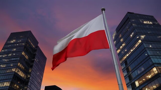 Pan left shot capturing Poland's national flag waving against a backdrop of modern skyscrapers during sunset, showcasing vibrant colors and urban architecture. 