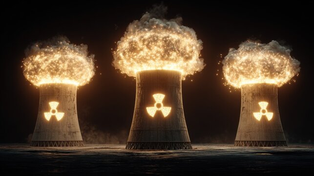 Explosive Energy Release from Nuclear Power Plant in Dark Environment with Fiery Clouds and Radiation Symbols - Powered by Adobe