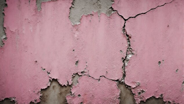 A grunge wall texture of an old chipped and cracked pink painted wall with autumnal destruction background