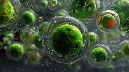 Intricate Microscopic View of Vibrant Green Cells Suspended in a Fluid Environment with Bubbles and Depth