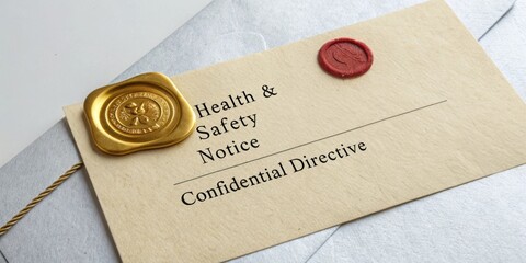 Elegant Envelope with Health and Safety Notice Featuring Gold Seal and Red Wax Stamp on a Clean Surface