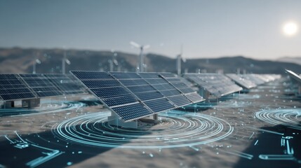 Solar panels with digital interface in renewable energy landscape featuring wind turbines and mountains in clear blue sky