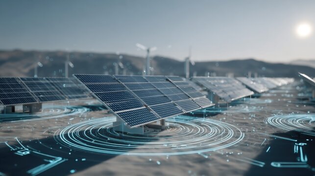 Solar panels with digital interface in renewable energy landscape featuring wind turbines and mountains in clear blue sky