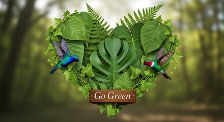 Obraz premium Heart Shaped Greenery with Hummingbirds and Go Green Sign leaves vines