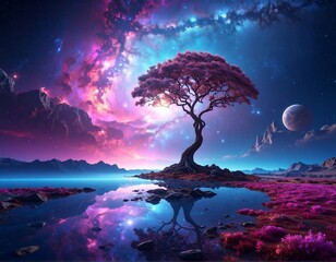 A majestic tree stands on an islet in front of a colorful, swirling galaxy reflected in serene water with distant mountains