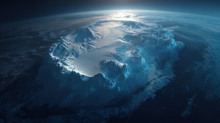 Serene Aerial View of Ice-Covered Mountain Range at Dawn Overlooking Earth from Space