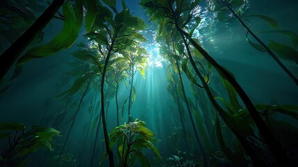 Fototapeta premium Serene Underwater Forest with Sunlight Filtering through Water, Vibrant Green Seaweed and Calm Blue Tones