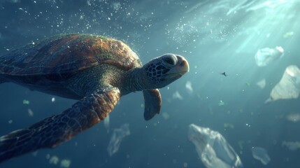 Fototapeta premium Majestic Sea Turtle Gliding Through Crystal Clear Ocean Waters Surrounded by Flecks of Sunlight and Floating Particles
