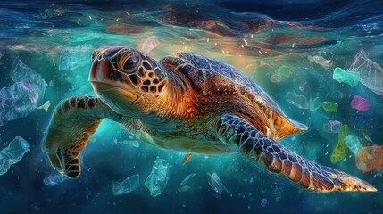 Fototapeta premium Majestic Sea Turtle Swimming Through Colorful Plastic Debris in Ocean Water, Highlighting Environmental Challenges in Marine Life