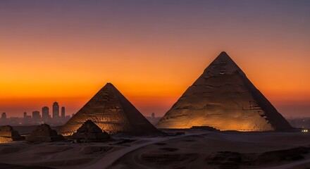 The Great Pyramids of Giza at Sunset with Cairo Skyline Egypt ancient
