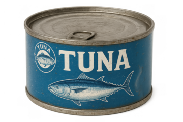 Vintage tuna can with an old blue label featuring a fish illustration, canned food item on a transparent background