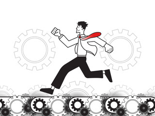 Businessman running on gear rail. Showing unlimited task. White background.