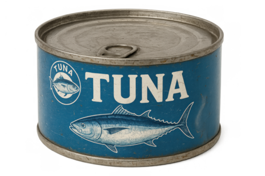 Vintage tuna can with an old blue label featuring a fish illustration, canned food item on a transparent background