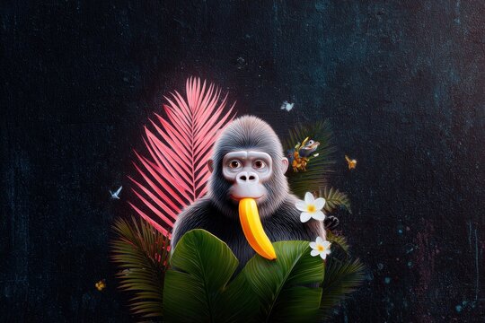 Playful Monkey Eating Banana in Tropical Night Setting - Powered by Adobe