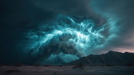 Fototapeta premium Dramatic Thunderstorm Over Mountains with Lightning and Dark Clouds Illuminated by Electric Blue Light