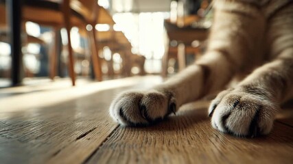 A cat is laying on a wooden floor in a restaurant. Macro view of paws on polished wooden floor in bright modern café, soft tones and warm daylight, pet friendly cafe design