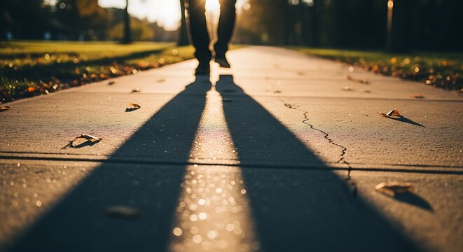 Person walking on a path during golden hour casting long shadows.