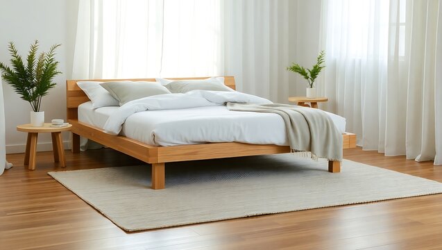 Generative AI minimalist bedroom with wooden bed and plants.