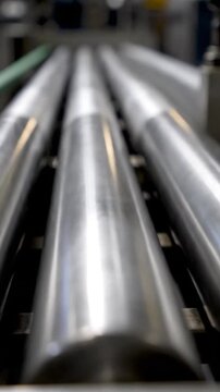 Industrial Metal Rollers on a Conveyor Belt in a Factory Setting with Overhead Lighting