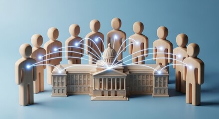 Wooden figures connect digitally to a miniature government building model.