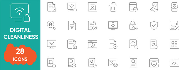 Digital Cleanliness And Cyber Hygiene. Data Security Vector Line Set
