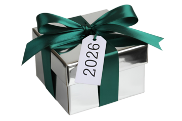 Silver gift box with green ribbon and 2026 tag isolated on transparent background
