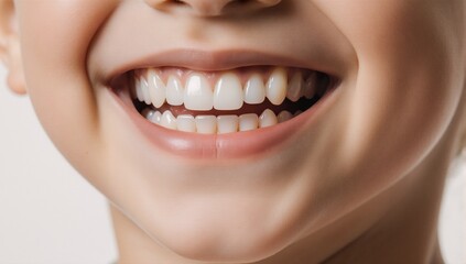 Obraz premium Close-up portrait of a child smiling showcasing healthy white teeth in focus
