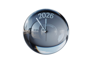 Glass sphere with the year 2026 etched on it isolated on transparent background