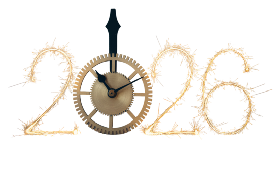 Sparkling 2026 numbers with clockwork gear isolated on transparent background