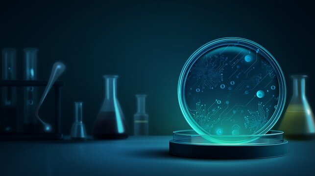 A Futuristic Laboratory Scene with a Glowing Petri Dish and Scientific Equipment in a Dark Environment