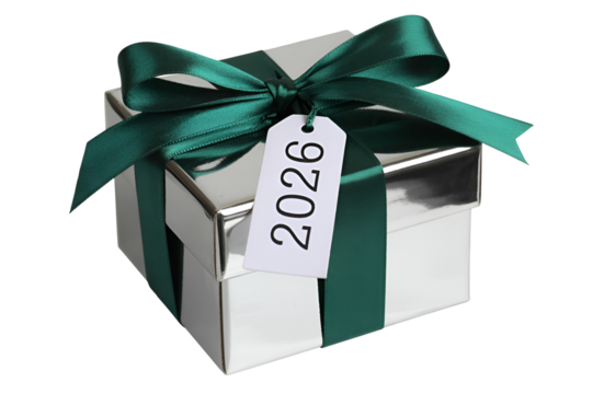 Silver gift box with green ribbon and 2026 tag isolated on transparent background